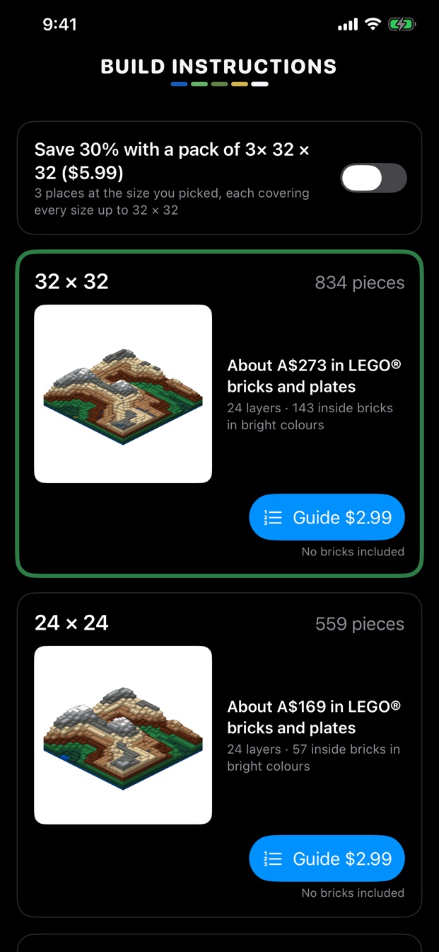 Build Instructions: each size with its 3D model, brick cost and guide price
