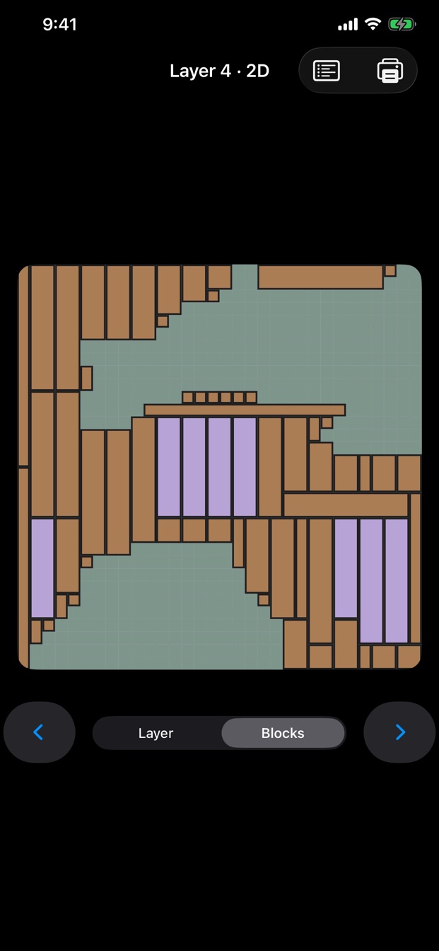 A layer shown as a 2D build plan with its blocks